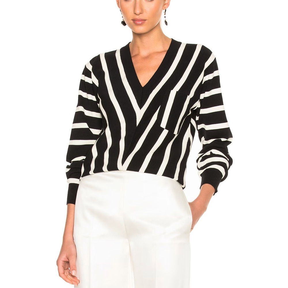 Chloe Chevron Black White Stripe‎ V Neck Long Sleeve Sweater Top 100% Cotton S